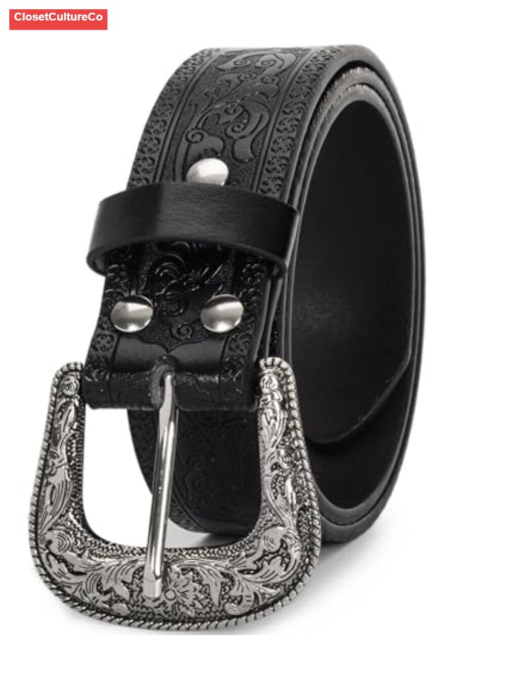 Western Cowboy Belt Floral Engraved Buckle Adjustable Faux Leather